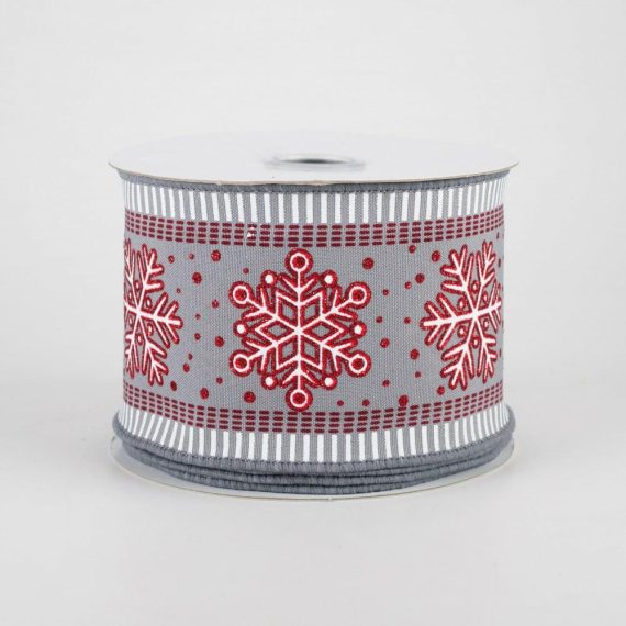 Fabric Ribbon |   2.5" Snowflake Stripe Edge Ribbon: Grey (10 Yards) Fabric Ribbon Fabric Ribbon