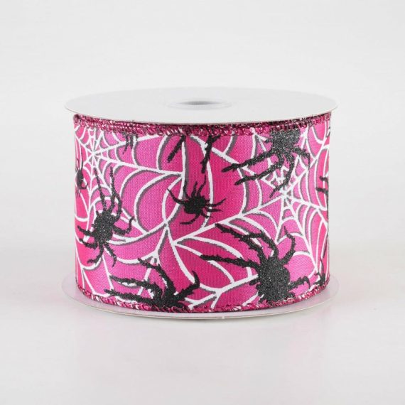 Fabric Ribbon |   2.5" Spider & White Spiderwebs Ribbon: Fuchsia Pink (10 Yards) Fabric Ribbon Black,Fuchsia,Pink