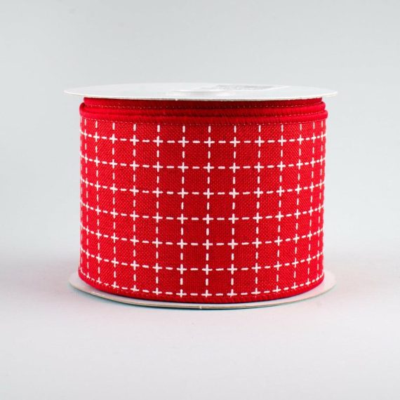 Fabric Ribbon |   2.5" Stitched Squares Ribbon: Red & White (10 Yards) Fabric Ribbon Fabric Ribbon