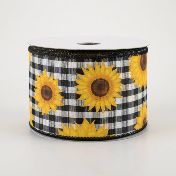 Fabric Ribbon |   2.5" Sunflowers On Gingham Ribbon: Black & White (10 Yards) Fabric Ribbon Fabric Ribbon