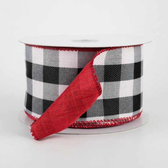 Fabric Ribbon |   2.5" Two Sided Buffalo Plaid & Linen Ribbon: Black, White, Red (10 Yards) Fabric Ribbon Black,White,Red