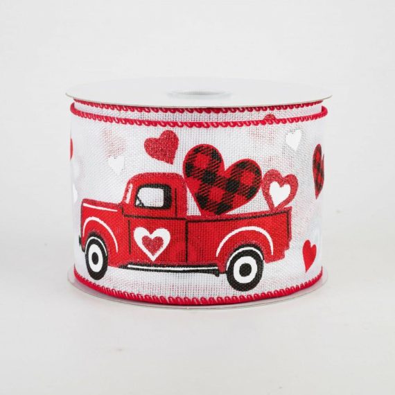 Fabric Ribbon |   2.5" Valentines Truck Ribbon: White (10 Yards) Fabric Ribbon Black,White,Red