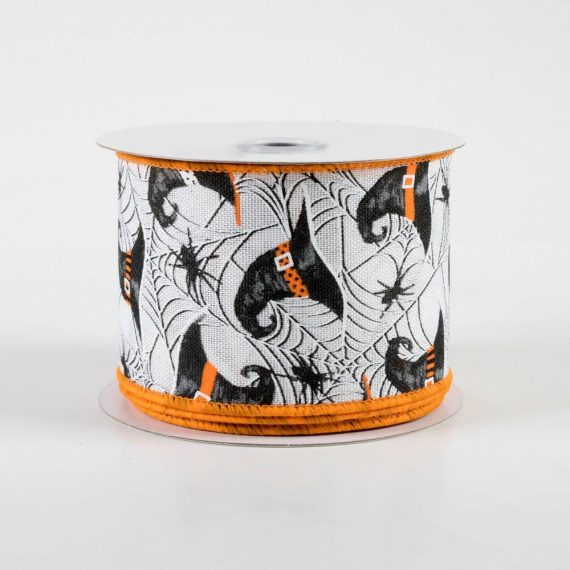 Fabric Ribbon |   2.5" Witch Hats And Spiders Ribbon: White (10 Yards) Fabric Ribbon Black,White,Orange