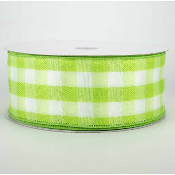 Fabric Ribbon |   2.5" Woven Buffalo Plaid Ribbon: Lime & White (50 Yards) Fabric Ribbon Fabric Ribbon