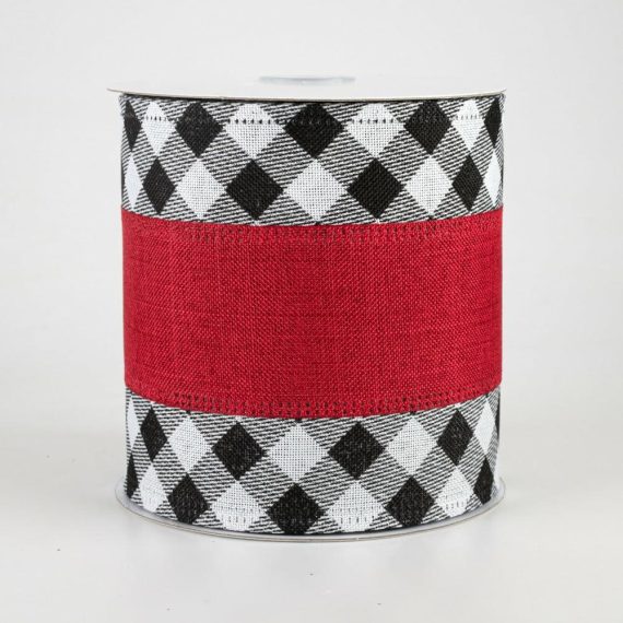 Fabric Ribbon |   4" Buffalo Plaid Edge & Red Center Ribbon (10 Yards) Fabric Ribbon Black,White,Red