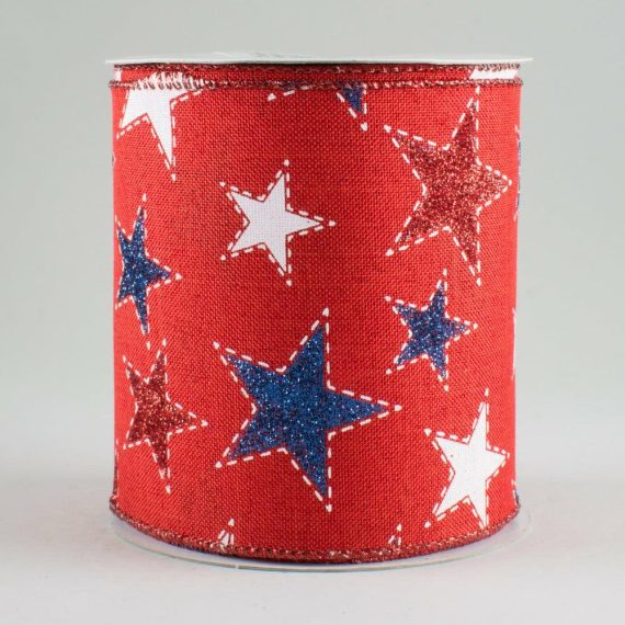 Fabric Ribbon |   4" Dashed Glitter Star Ribbon: Red (10 Yards) Fabric Ribbon Fabric Ribbon