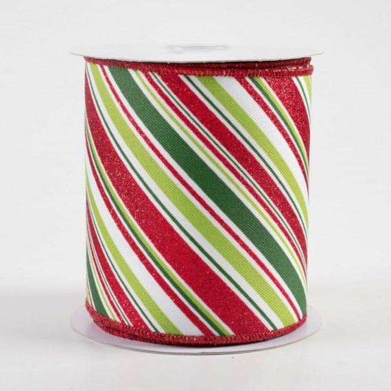 Fabric Ribbon |   4" Diagonal Stripe Ribbon: White, Emerald, Lime, Red (10 Yards) Fabric Ribbon Fabric Ribbon