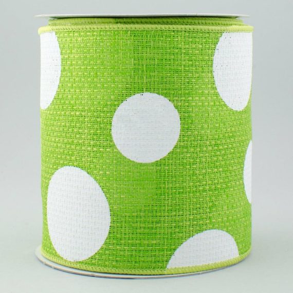 Fabric Ribbon |   4" Faux Burlap Giant Polka Dot Ribbon: Lime Green & White (10 Yards) Fabric Ribbon Fabric Ribbon