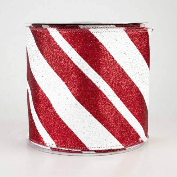 Fabric Ribbon |   4" Giant Glitter Diagonal Lines Ribbon: Red & White (10 Yards) Fabric Ribbon Fabric Ribbon