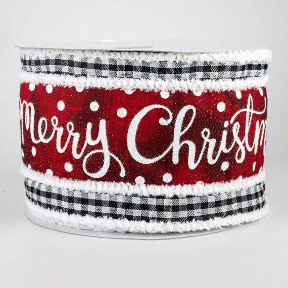 Fabric Ribbon |   4" Merry Christmas Watercolor Blend On Gingham Fuzzy Edge Ribbon: Red (10 Yards) Fabric Ribbon Black,White,Red