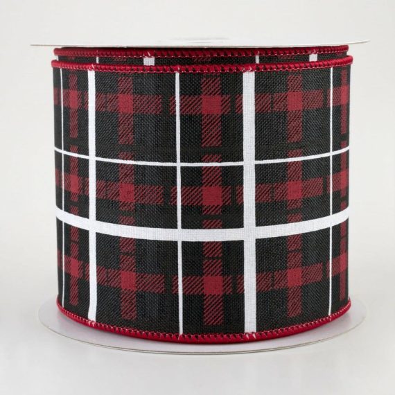 Fabric Ribbon |   4" Print Plaid Ribbon: Black, Red, White (10 Yards) Fabric Ribbon Black,White,Red