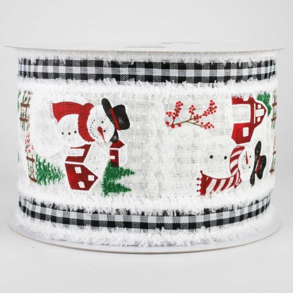 Fabric Ribbon |   4" Snowman & Gingham Fuzzy Edge Ribbon (10 Yards) Fabric Ribbon Black,White,Red