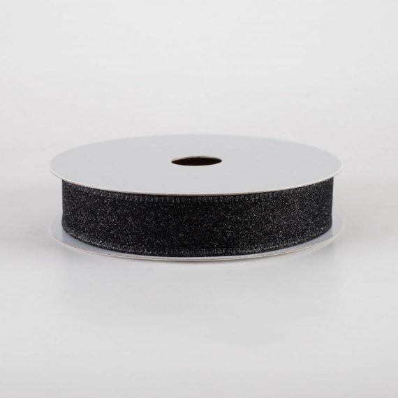 Fabric Ribbon |   7/8" All Flat Glitter Wired Ribbon: Black (10 Yards) Fabric Ribbon Black