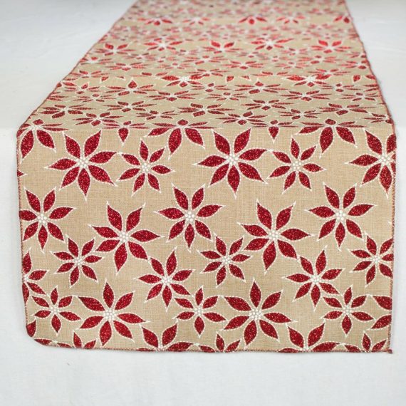 Fabric Table Runners |   72" Faux Jute Table Runner: Metallic Red Poinsettias Fabric Table Runners Fabric Table Runners