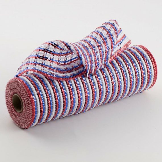 Poly Deco Mesh |   10" All Foil Thin Stripes Mesh: Red, White, Blue Deco Mesh Poly Deco Mesh