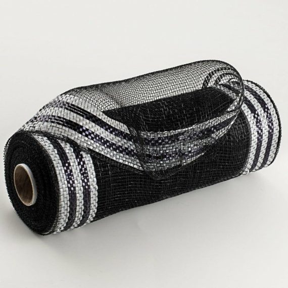 Poly Deco Mesh |   10" Border Stripe Metallic Mesh: Black & White Deco Mesh Black,White