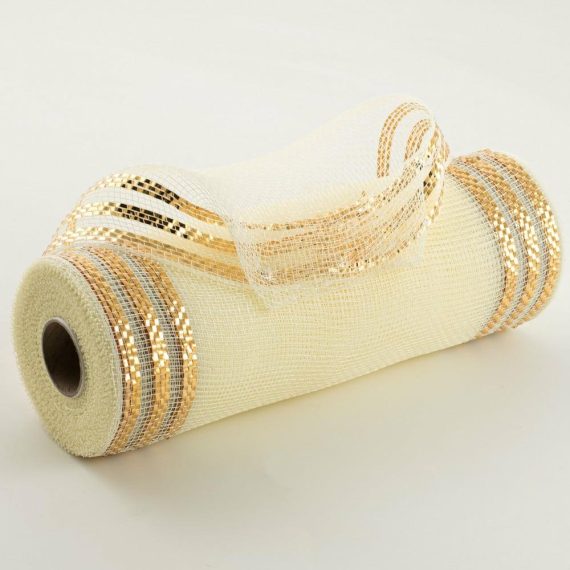 Poly Deco Mesh |   10" Border Stripe Metallic Mesh: Cream & Gold Deco Mesh Gold,Cream,Ivory