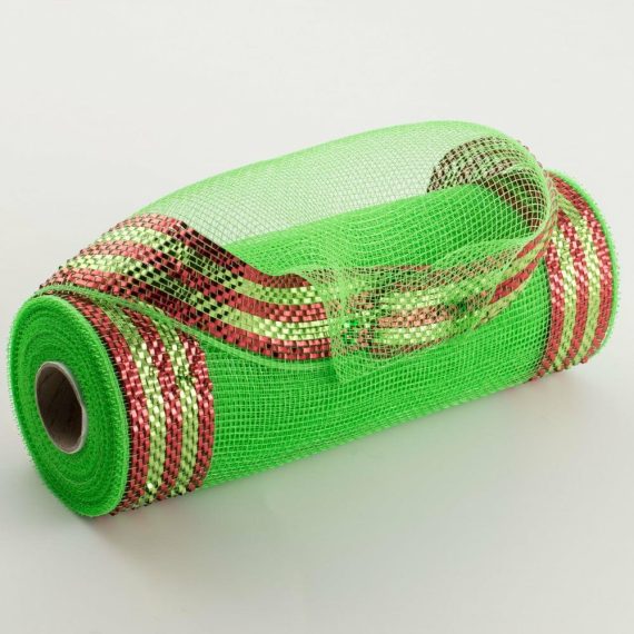 Poly Deco Mesh |   10" Border Stripe Metallic Mesh: Lime & Red Deco Mesh Lime Green,Red