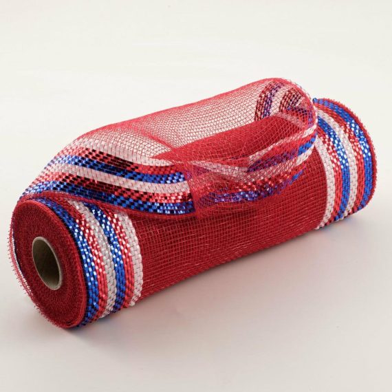 Poly Deco Mesh |   10" Border Stripe Metallic Mesh: Red, White, Blue Deco Mesh Poly Deco Mesh