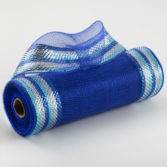 Poly Deco Mesh |   10" Border Stripe Metallic Mesh: Royal Blue, Light Blue, Silver Deco Mesh Blue,Ice Blue,Silver