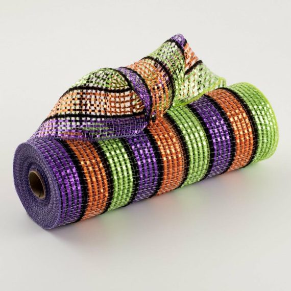 Poly Deco Mesh |   10" Bright Metallic Stripe Mesh: Purple, Lime, Orange, Black Deco Mesh Poly Deco Mesh