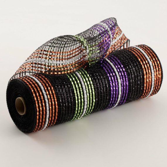 Poly Deco Mesh |   10" Deco Mesh: Wide Metallic Halloween Stripes With White Fuzz Deco Mesh Black,Lime Green,Purple,Orange,White