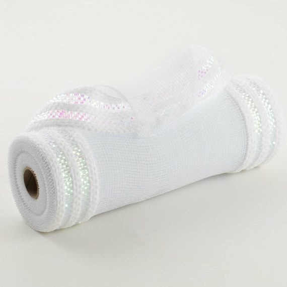 Poly Deco Mesh |   10" Fuzzy & Metallic Border Mesh: White Deco Mesh Poly Deco Mesh