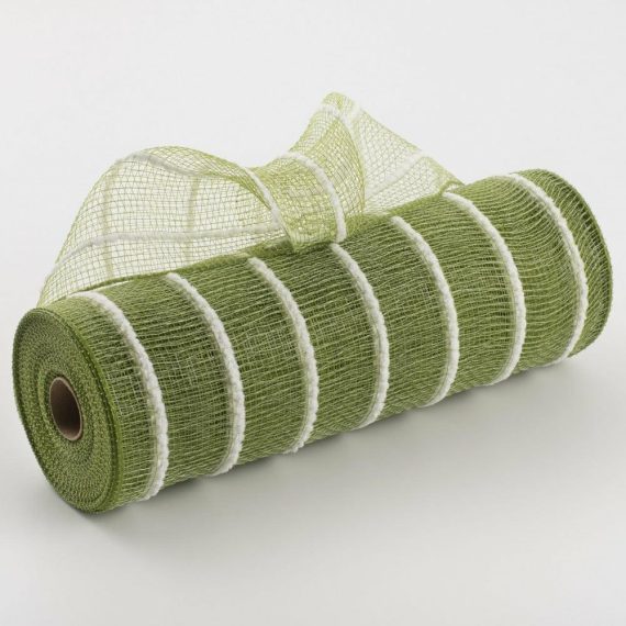 Poly Deco Mesh |   10" Fuzzy Stripe Mesh: Moss Green Deco Mesh Green,Moss,Olive,White