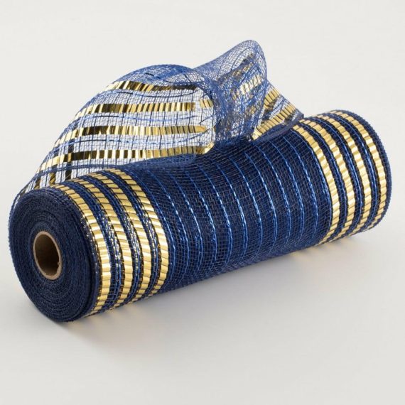 Poly Deco Mesh |   10" Matte Xl Wide Foil Border Mesh: Navy Blue & Gold Deco Mesh Blue,Gold,Navy