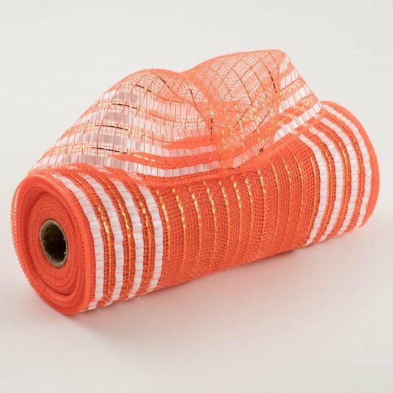 Poly Deco Mesh |   10" Matte Xl Wide Foil Border Mesh: Orange & White Deco Mesh Orange,White