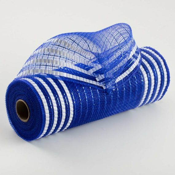 Poly Deco Mesh |   10" Matte Xl Wide Foil Border Mesh: Royal Blue & White Deco Mesh Poly Deco Mesh