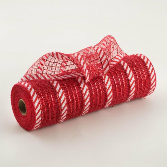 Poly Deco Mesh |   10" Patterned Mesh: Red Metallic & Candy Cane Print Deco Mesh Poly Deco Mesh