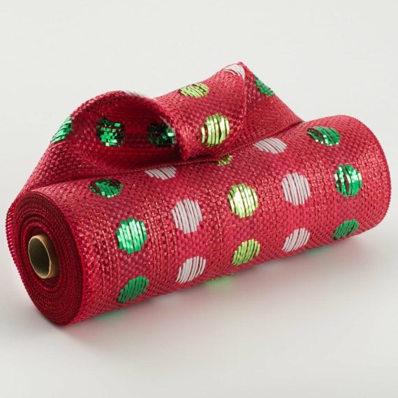 Poly Deco Mesh |   10" Polka Dot Woven Mesh: Red, Green, White Deco Mesh Poly Deco Mesh