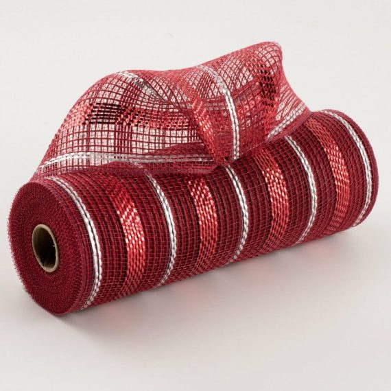 Poly Deco Mesh |   10" Poly Faux Jute Metallic Mesh: Crimson & Silver Deco Mesh Poly Deco Mesh