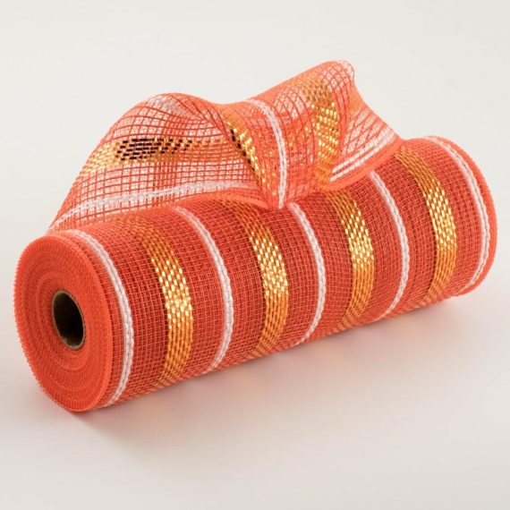 Poly Deco Mesh |   10" Poly Faux Jute Metallic Mesh: Orange & White Deco Mesh Orange,White