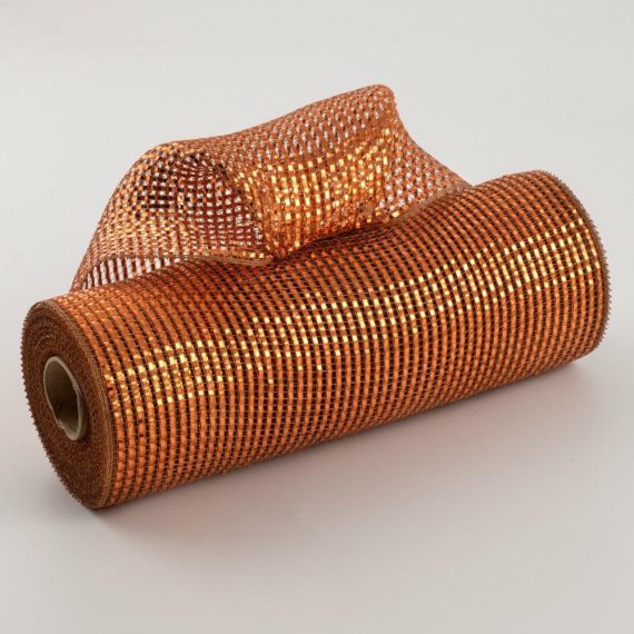 Poly Deco Mesh |   10" Poly Mesh Roll: Deluxe Wide Foil Brown With Copper Deco Mesh Brown,Copper