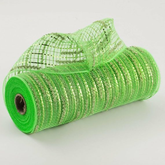 Poly Deco Mesh |   10" Random Double Drift With Foil Mesh: Lime Green Deco Mesh Green,Lime