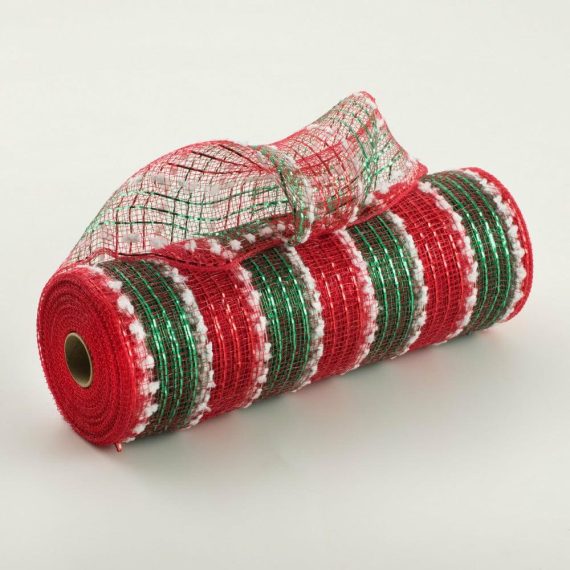 Poly Deco Mesh |   10" Stripe Snowball Mesh: Red, Emerald, White Deco Mesh Poly Deco Mesh