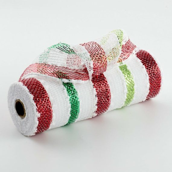 Poly Deco Mesh |   10" Striped Snowball Deco Mesh: Red, Emerald, Lime, White Deco Mesh Poly Deco Mesh