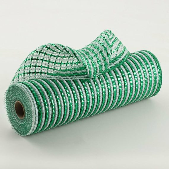 Poly Deco Mesh |   10" Thin Bold Stripe Deco Mesh: Emerald & White Deco Mesh Green,White