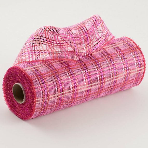 Poly Deco Mesh |   10" Vertical Foil Plaid Mesh: Hot Pink, Pink, Red Deco Mesh Pink,Fuchsia,Hot Pink,Red