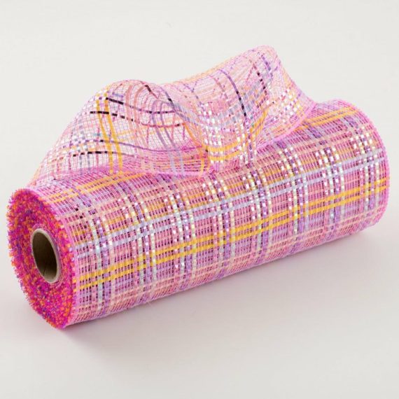 Poly Deco Mesh |   10" Vertical Foil Plaid Mesh: Pink, Yellow, Lavender, Iridescent Deco Mesh Pink,Yellow,Purple,Iridescent,Lavender