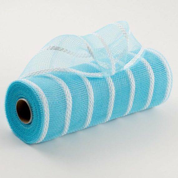 Poly Deco Mesh |   10" Vertical Wide Stripe Mesh: Turquoise & White Deco Mesh Blue,White,Turquoise