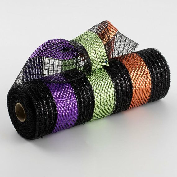 Poly Deco Mesh |   10" Wide Metallic Stripes Deco Mesh: Halloween Deco Mesh Black,Purple,Orange,Lime Green,Copper