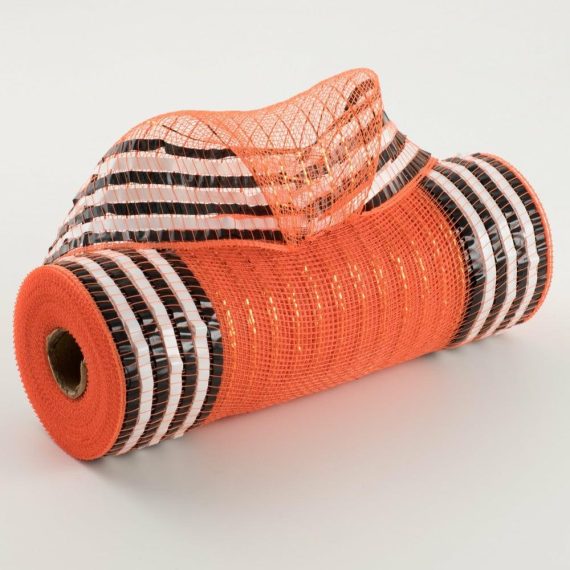 Poly Deco Mesh |   10" Xl Wide Foil Border Stripe Mesh: Orange, Black, White Deco Mesh Black,Orange,White