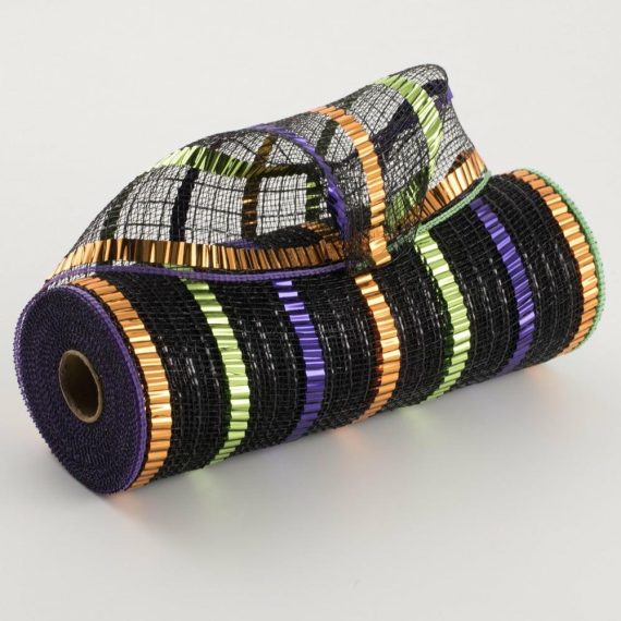 Poly Deco Mesh |   10" Xl Wide Foil Stripe Mesh: Halloween Deco Mesh Black,Green,Purple,Orange