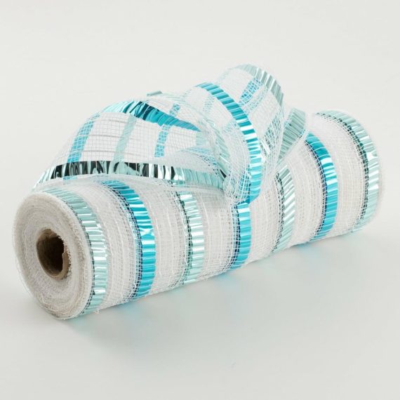 Poly Deco Mesh |   10" Xl Wide Foil Stripe Mesh: White, Ice Blue, Turquoise Deco Mesh Blue,White,Turquoise