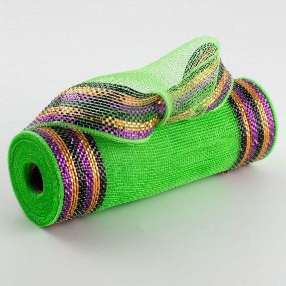 Poly Deco Mesh |   10" Border Stripe Metallic Mesh: Lime & Halloween Deco Mesh Lime Green,Black,Orange,Copper,Purple