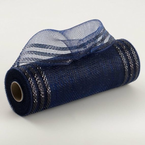 Poly Deco Mesh |   10" Border Stripe Metallic Mesh: Navy Blue & Black Deco Mesh Blue,Navy,Black