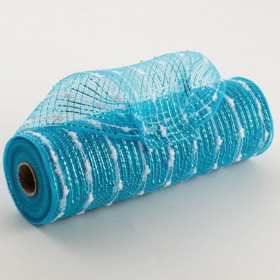 Poly Deco Mesh |   10" Metallic Snowball Deco Mesh: Turquoise & White (10 Yards) Deco Mesh Poly Deco Mesh